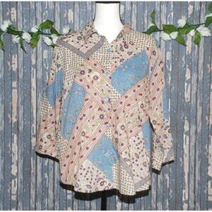 Lemon Grass Patchwork Ladies Blouse Top Size XL Button Up Gannycore Artsy Hippie